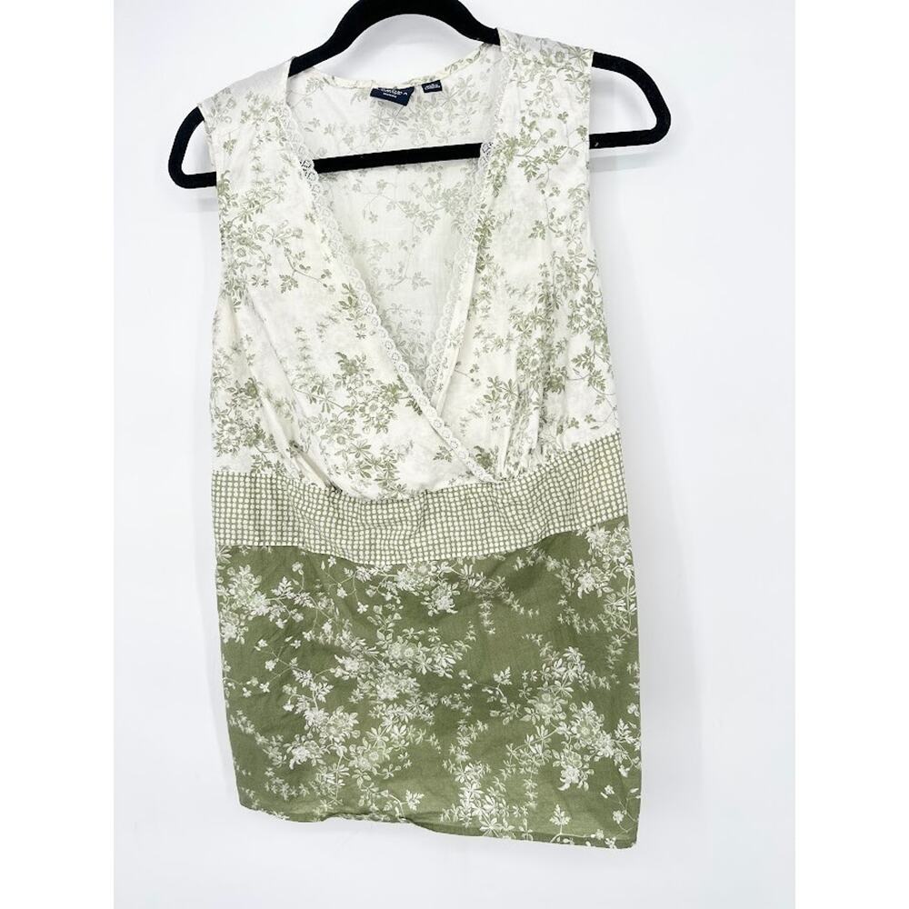 Boho Cottagecore Sonoma Womens 1X Green Floral Button Front Ruffle Tie Tank Top